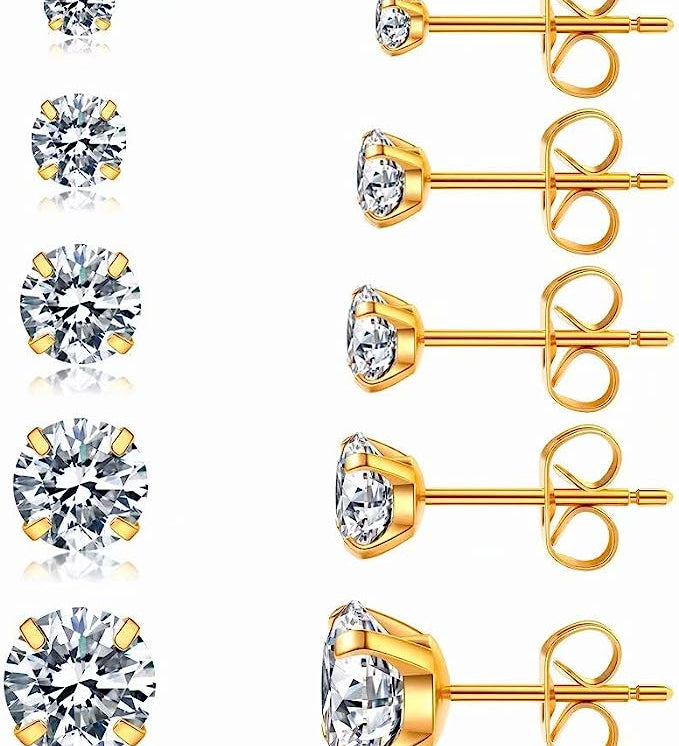 Leanna - 316L Stainless Steel Stud Earrings (set of 5 Pairs)